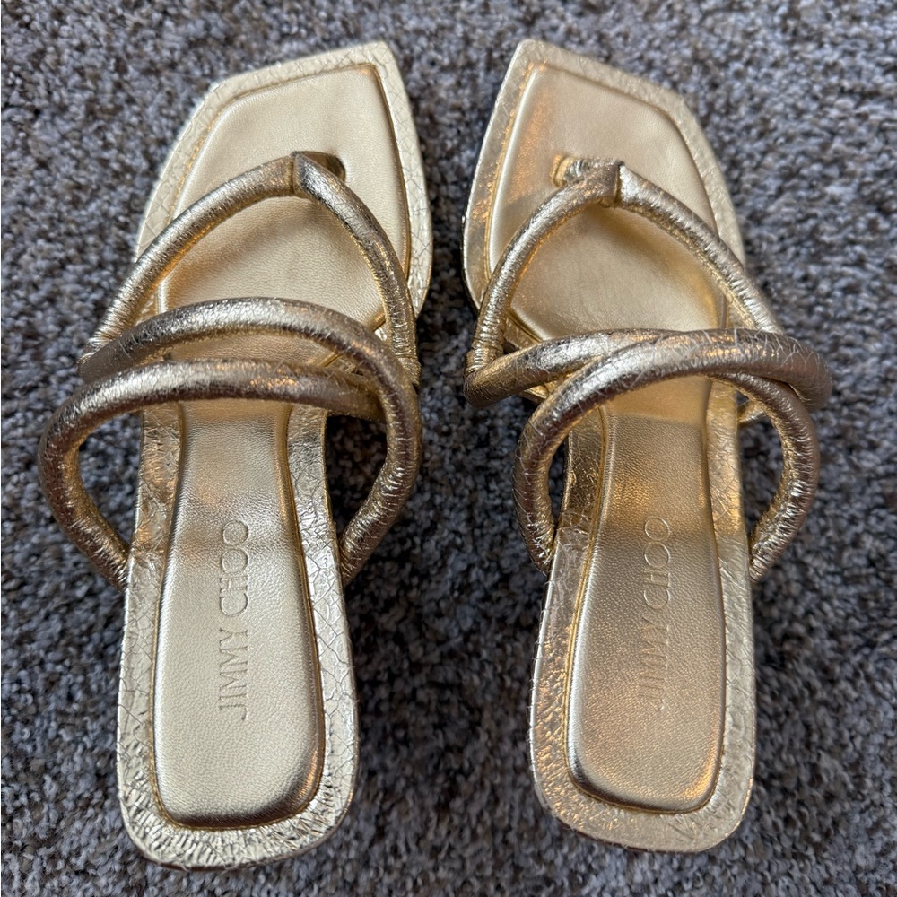 Jimmy Choo Gold Crackled Cape 70 Heeled Strappy Sandals 34 4 Like New - Picture 9 of 10